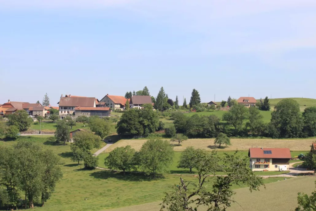 Le village de Chavannes-sur-Moudon et ses vergers vus depuis la campagne