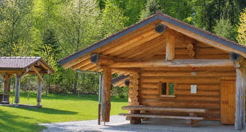 Refuge en rondins de bois à l’orée de la forêt
